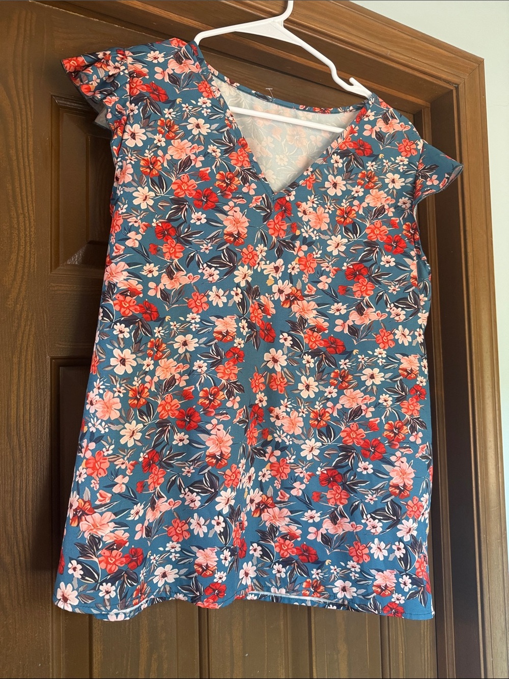 Floral V-Neck Cap Sleeve Top in Teal and Coral